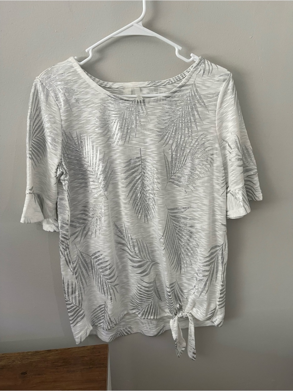 Ann Taylor Silver-Print Cream Tie-Hem Blouse